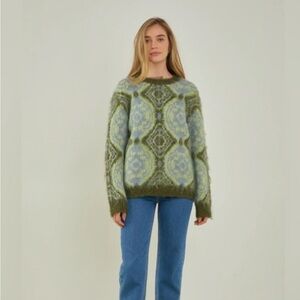 English Factory Anthropologie Fuzzy Geometric Sweater XS Blue Green